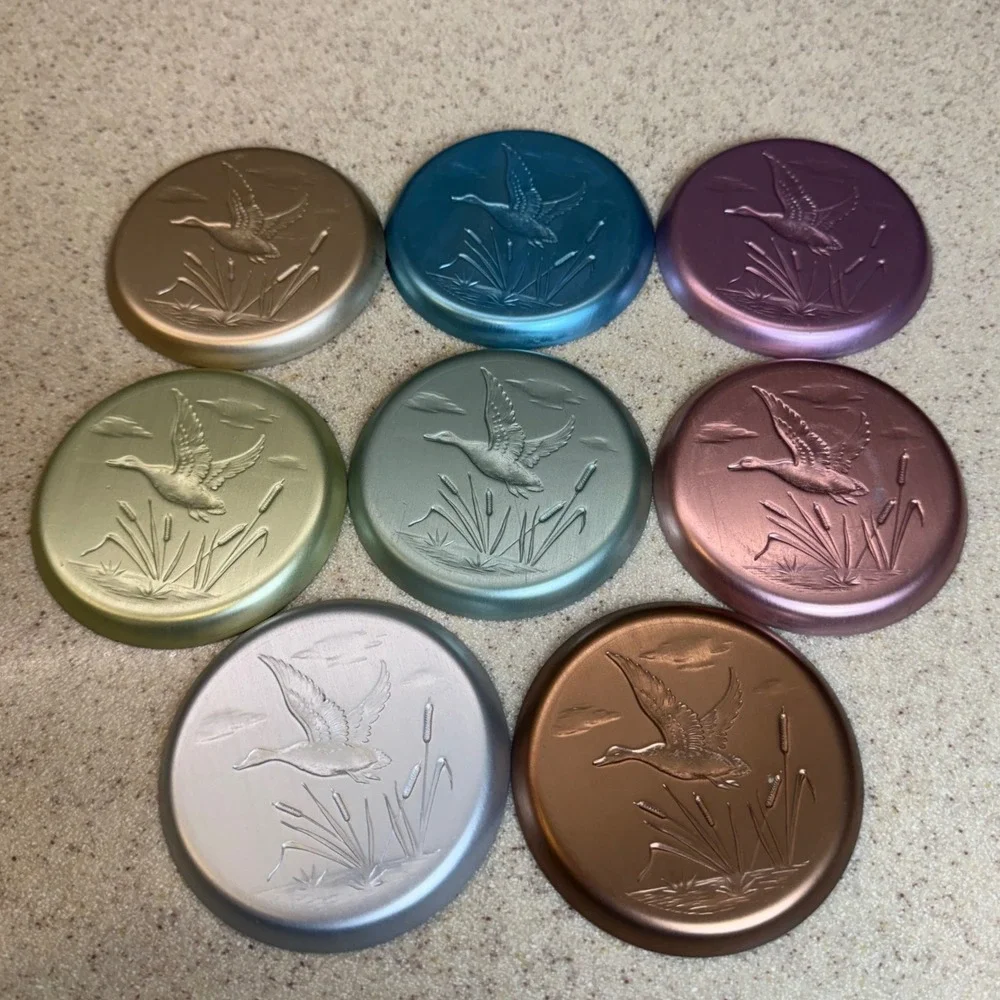 Vintage Anodized Aluminum Coasters Set of 8 Embossed Flying Duck Mallard Pastels